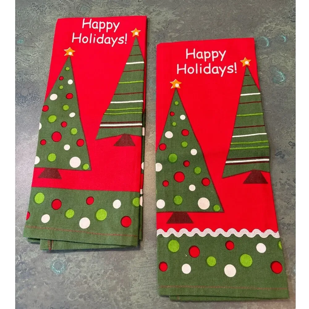 Christmas kitchen tea towels matching pair (2) festive red green holiday cotton